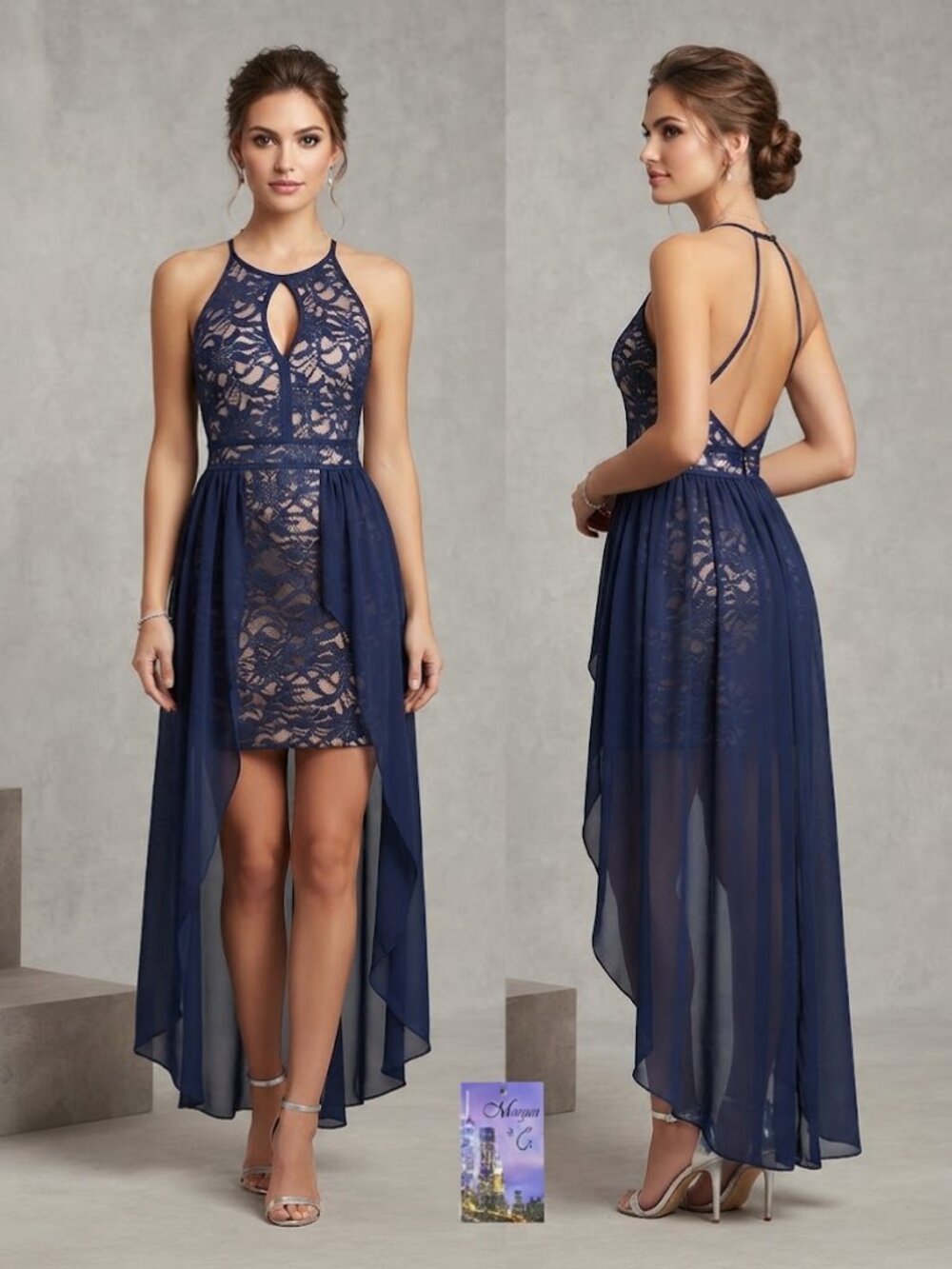 Morgan & Co. Navy Blue Sleeveless Lace w/ Long Sheer Layered Maxi Dress Sz 4 NEW